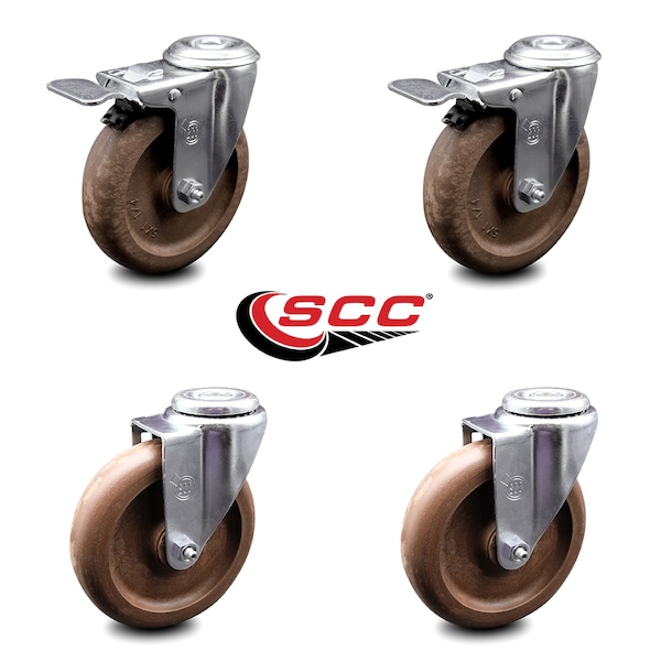 5 Inch High Temp Glass Filled Nylon Bolt Hole Caster Set with 2 Total Lock Brake